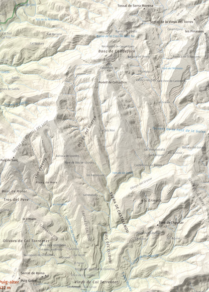 Mapa de relieve de Puig-alter, 522 m, Bages, lámina 100 Cims de Trobart. Detalle de la zona superior derecha. 50 × 70 cm.