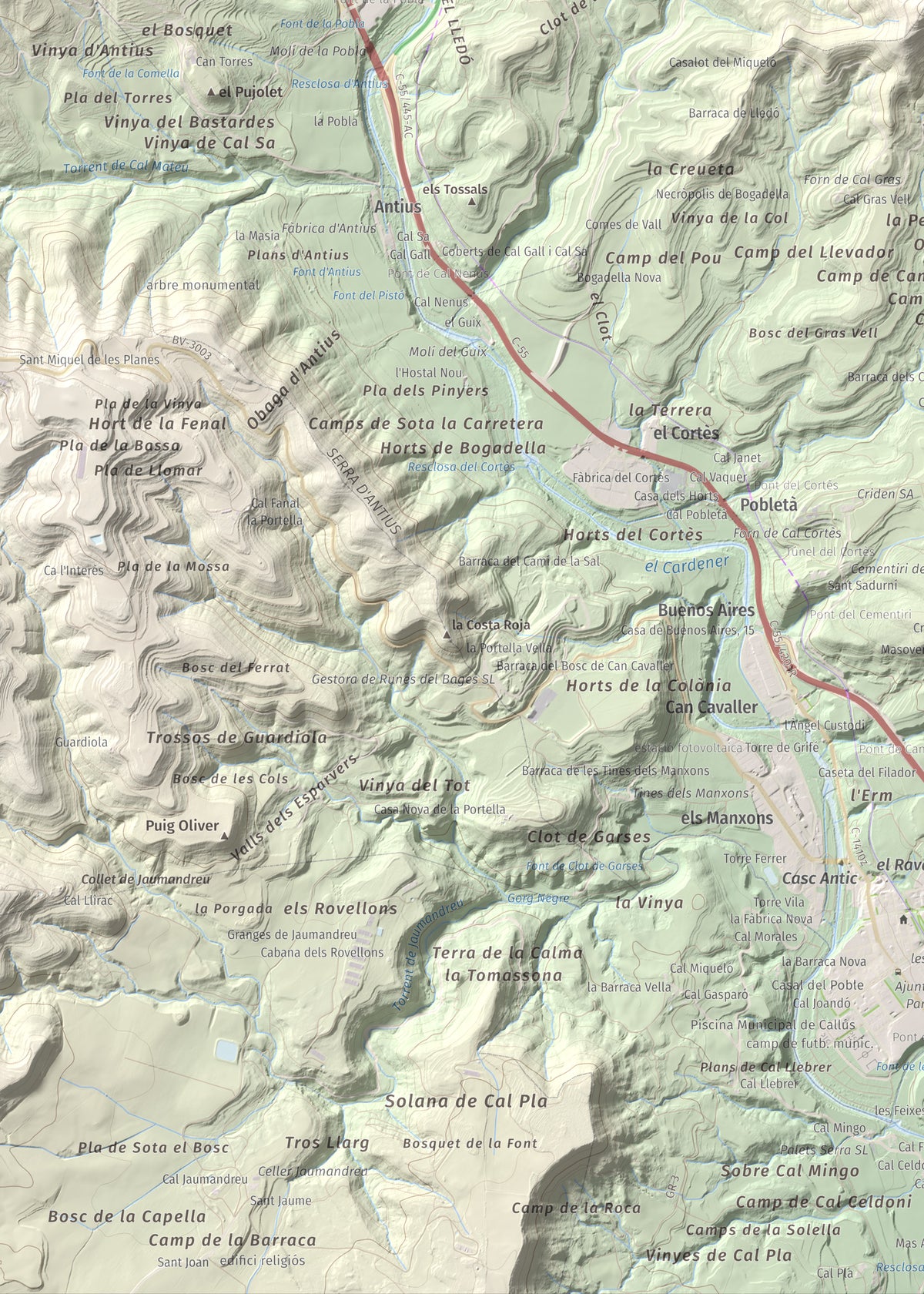 Mapa de relieve de Puig-alter, 522 m, Bages, lámina 100 Cims de Trobart. Detalle de la zona inferior izquierda. 50 × 70 cm.