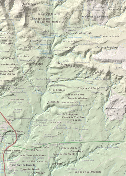 Mapa de relieve de Puig-alter, 522 m, Bages, lámina 100 Cims de Trobart. Detalle de la zona inferior derecha. 50 × 70 cm.