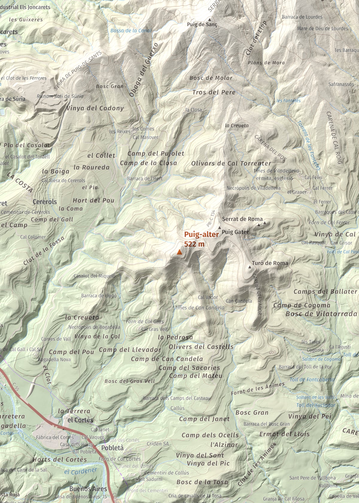 Mapa de relieve de Puig-alter, 522 m, Bages, lámina 100 Cims de Trobart. Detalle de la zona central. 50 × 70 cm.
