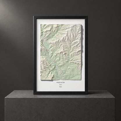 Mapa de relieve de Puig-alter, 522 m, Bages, lámina 100 Cims de Trobart. Presentación enmarcada. 61 × 91 cm.