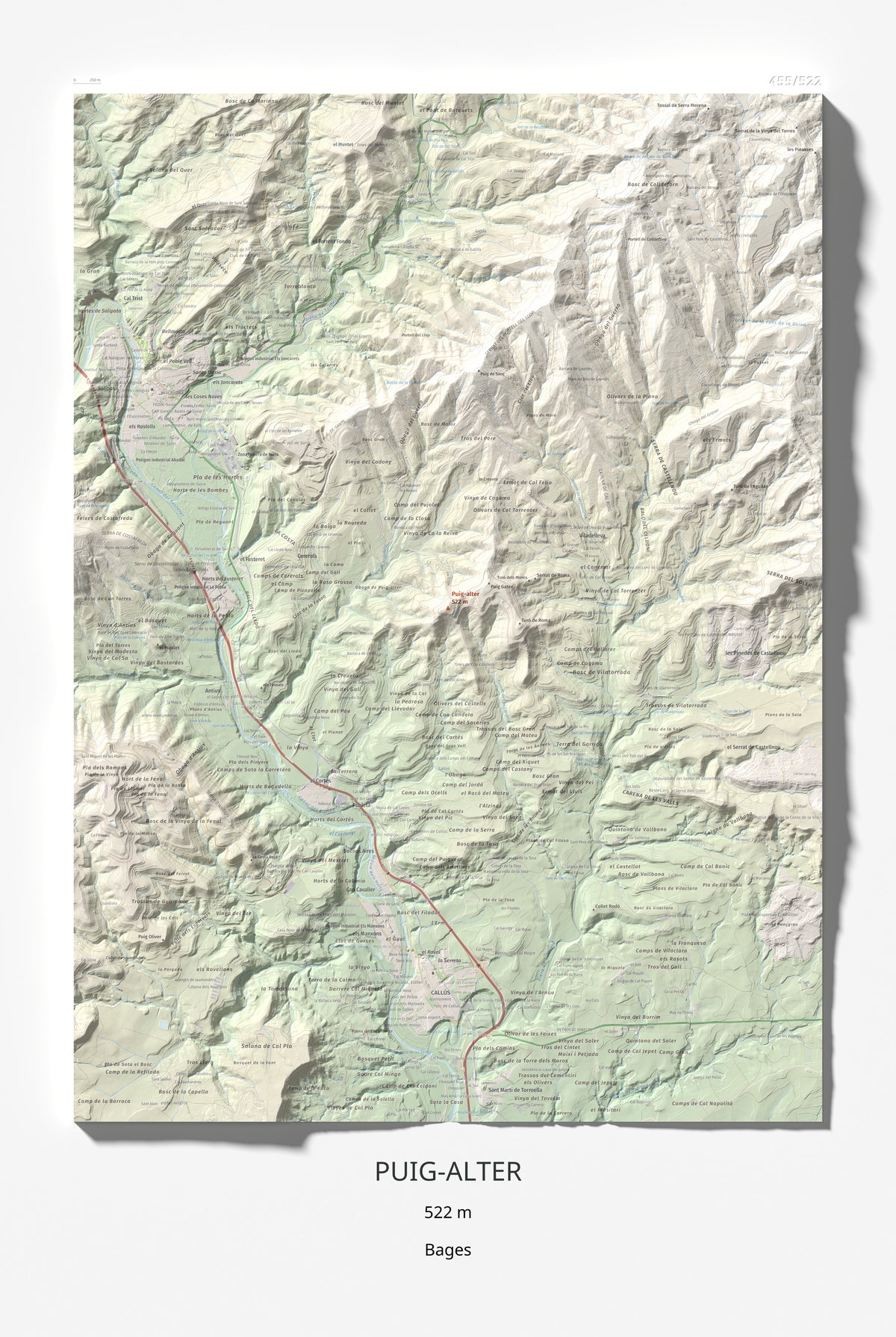 Mapa de relieve de Puig-alter, 522 m, Bages, lámina 100 Cims de Trobart 61 × 91 cm.