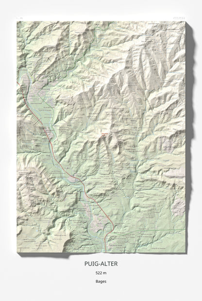 Mapa de relieve de Puig-alter, 522 m, Bages, lámina 100 Cims de Trobart 61 × 91 cm.