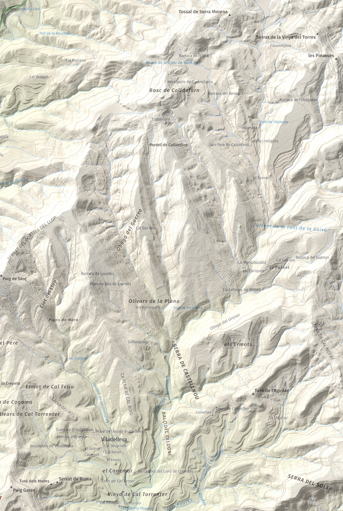 Mapa de relieve de Puig-alter, 522 m, Bages, lámina 100 Cims de Trobart. Detalle de la zona superior derecha. 61 × 91 cm.