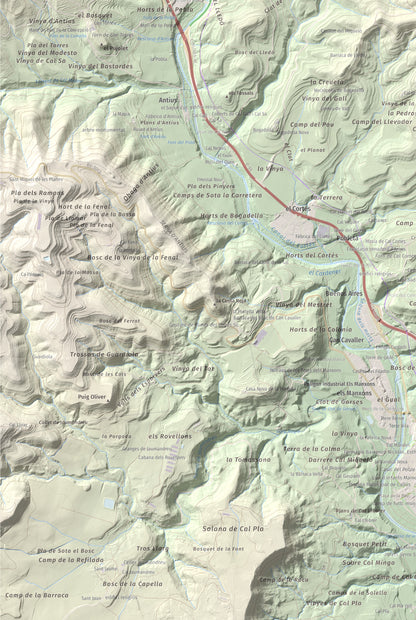Mapa de relieve de Puig-alter, 522 m, Bages, lámina 100 Cims de Trobart. Detalle de la zona inferior izquierda. 61 × 91 cm.