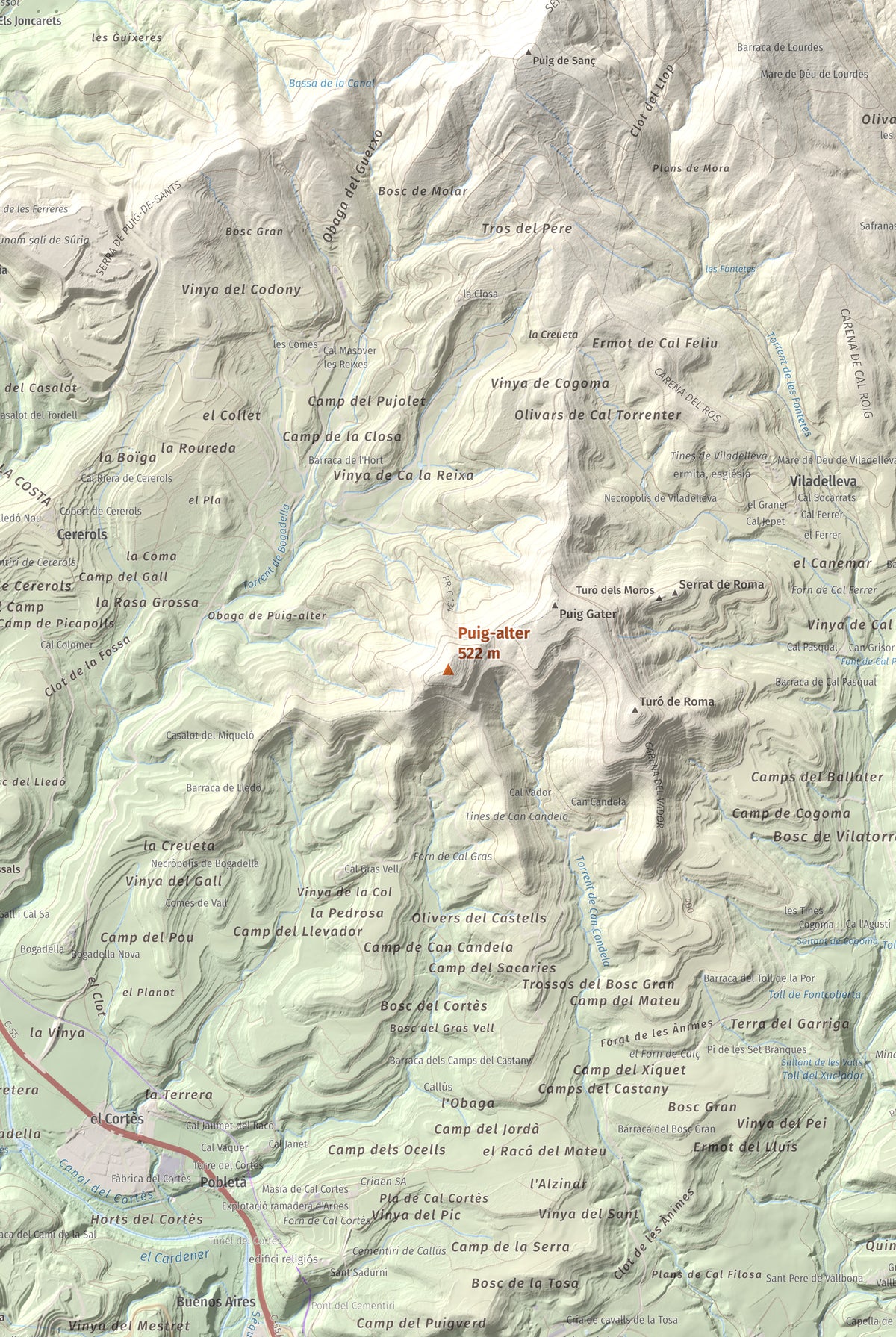 Mapa de relieve de Puig-alter, 522 m, Bages, lámina 100 Cims de Trobart. Detalle de la zona central. 61 × 91 cm.