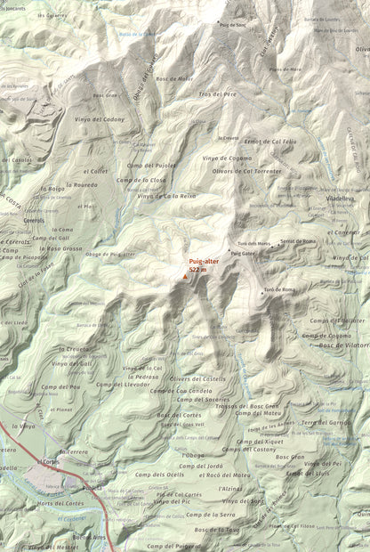 Mapa de relieve de Puig-alter, 522 m, Bages, lámina 100 Cims de Trobart. Detalle de la zona central. 61 × 91 cm.