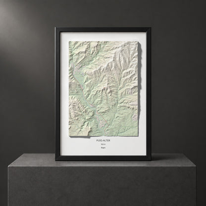 Mapa de relieve de Puig-alter, 522 m, Bages, lámina 100 Cims de Trobart. Presentación enmarcada. 70 × 100 cm.