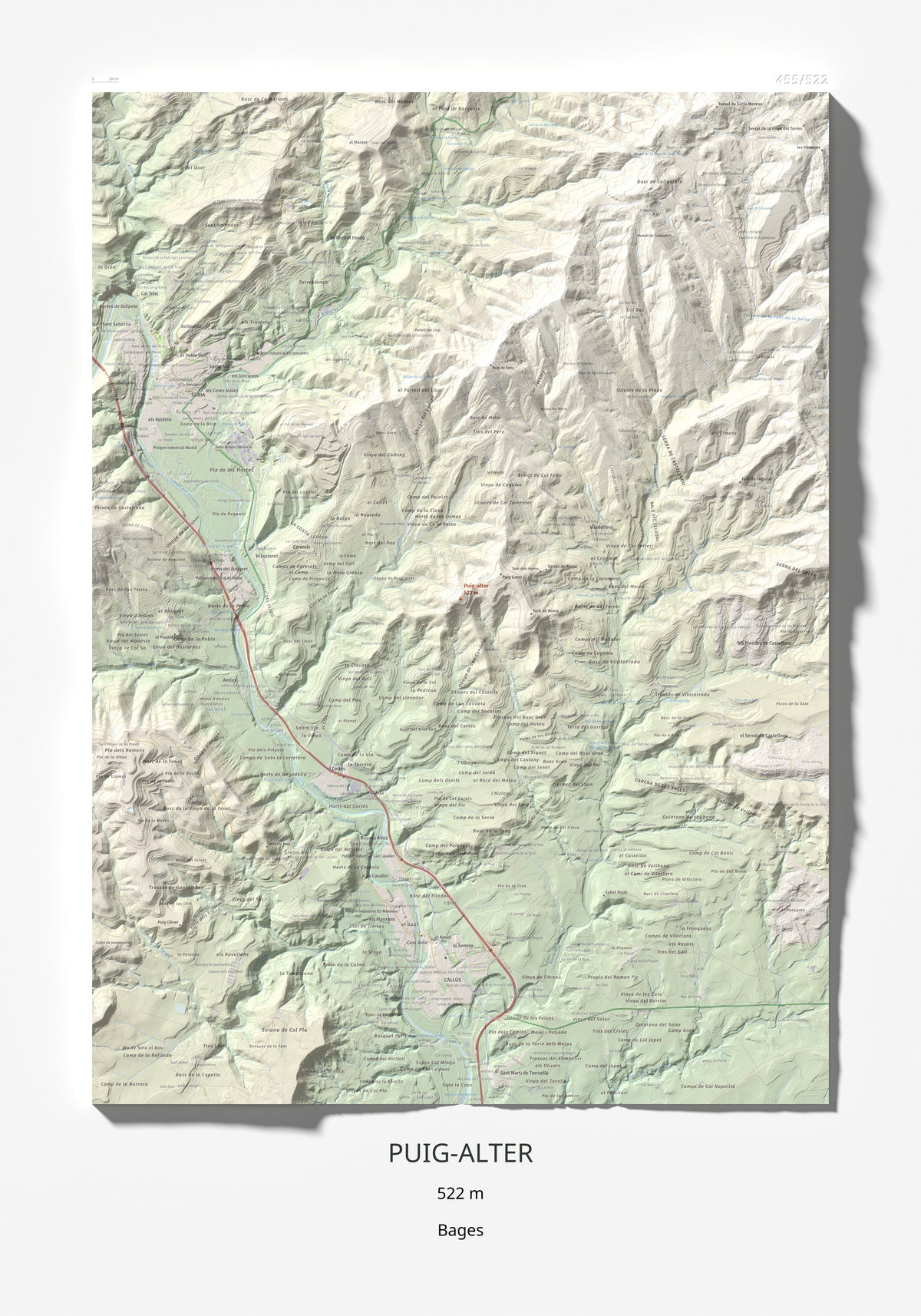 Mapa de relieve de Puig-alter, 522 m, Bages, lámina 100 Cims de Trobart 70 × 100 cm.