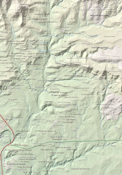 Mapa de relieve de Puig-alter, 522 m, Bages, lámina 100 Cims de Trobart. Detalle de la zona inferior derecha. 70 × 100 cm.
