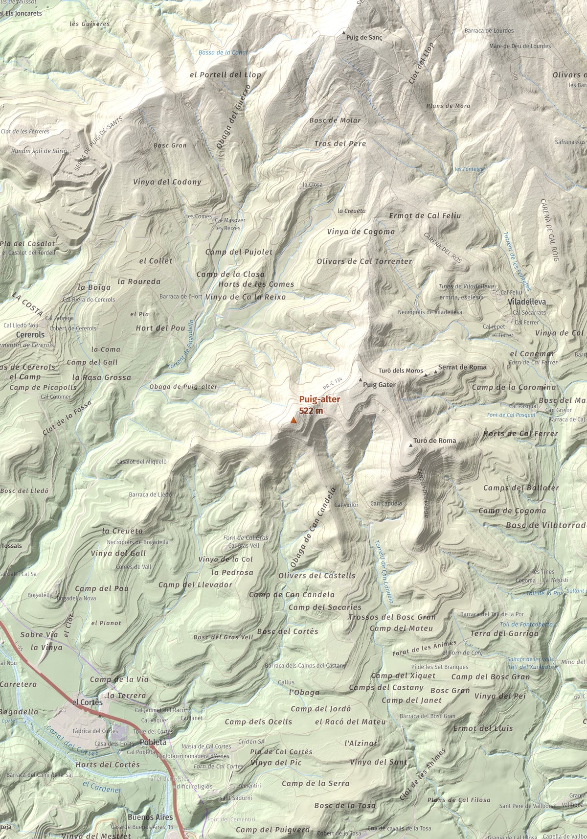 Mapa de relieve de Puig-alter, 522 m, Bages, lámina 100 Cims de Trobart. Detalle de la zona central. 70 × 100 cm.