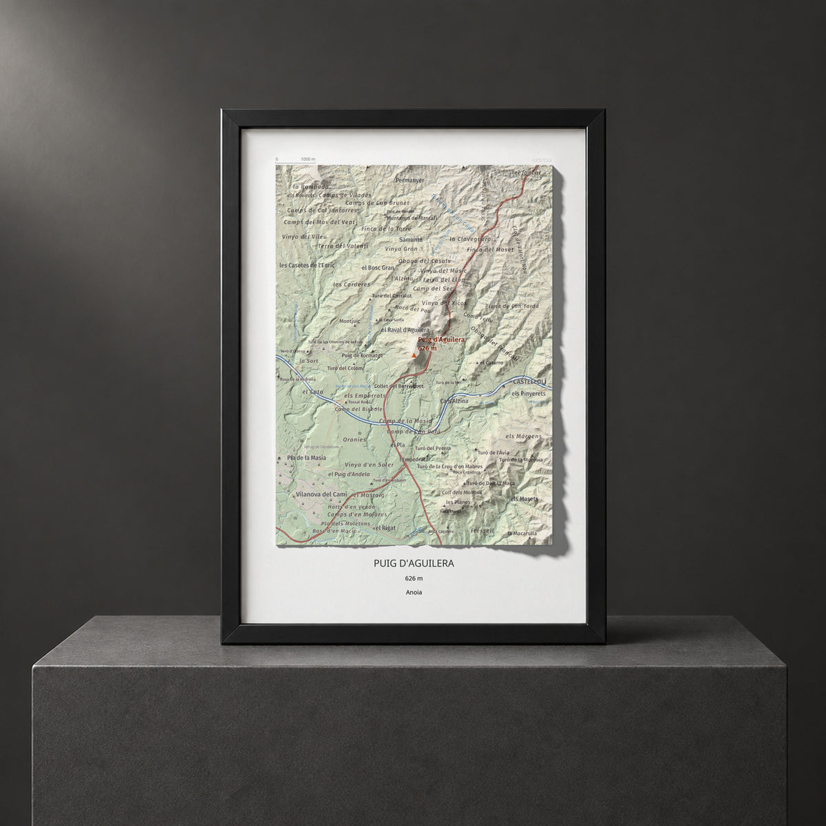 Mapa de relieve de Puig d'Aguilera, 626 m, Anoia, lámina 100 Cims de Trobart. Presentación enmarcada. 21 × 30 cm.