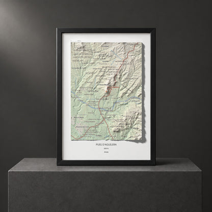 Mapa de relieve de Puig d'Aguilera, 626 m, Anoia, lámina 100 Cims de Trobart. Presentación enmarcada. 21 × 30 cm.