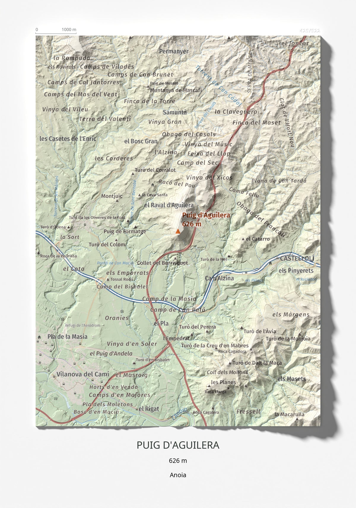 Mapa de relieve de Puig d'Aguilera, 626 m, Anoia, lámina 100 Cims de Trobart 21 × 30 cm.