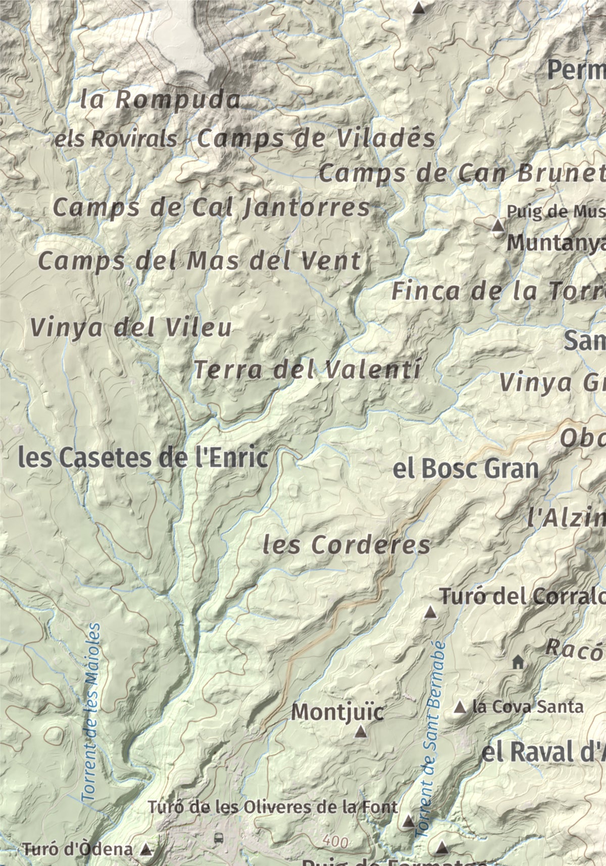 Mapa de relieve de Puig d'Aguilera, 626 m, Anoia, lámina 100 Cims de Trobart. Detalle de la zona superior izquierda. 21 × 30 cm.
