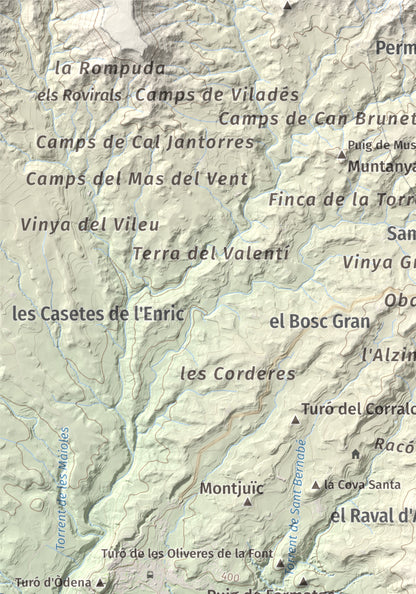 Mapa de relieve de Puig d'Aguilera, 626 m, Anoia, lámina 100 Cims de Trobart. Detalle de la zona superior izquierda. 21 × 30 cm.