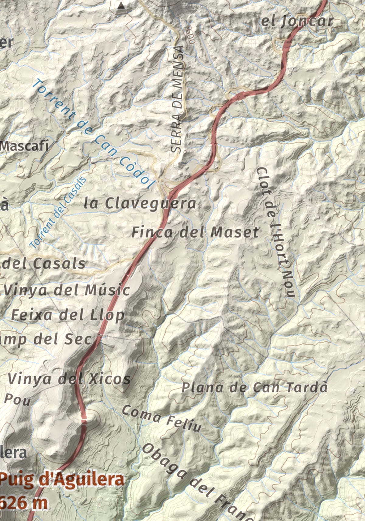 Mapa de relieve de Puig d'Aguilera, 626 m, Anoia, lámina 100 Cims de Trobart. Detalle de la zona superior derecha. 21 × 30 cm.