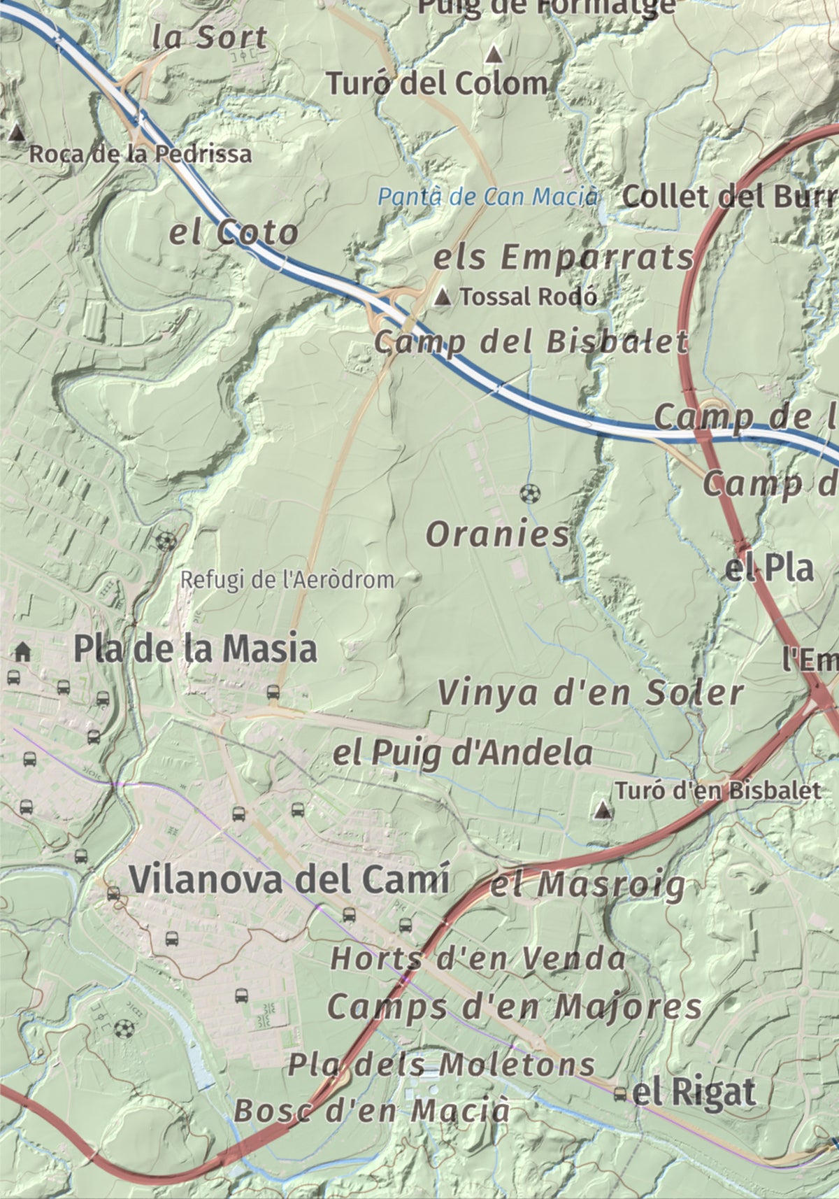 Mapa de relieve de Puig d'Aguilera, 626 m, Anoia, lámina 100 Cims de Trobart. Detalle de la zona inferior izquierda. 21 × 30 cm.