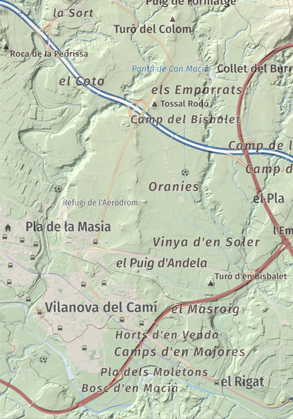 Mapa de relieve de Puig d'Aguilera, 626 m, Anoia, lámina 100 Cims de Trobart. Detalle de la zona inferior izquierda. 21 × 30 cm.