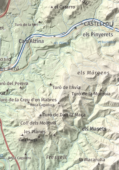 Mapa de relieve de Puig d'Aguilera, 626 m, Anoia, lámina 100 Cims de Trobart. Detalle de la zona inferior derecha. 21 × 30 cm.