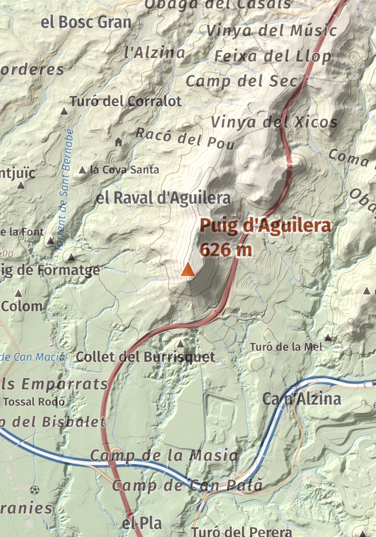 Mapa de relieve de Puig d'Aguilera, 626 m, Anoia, lámina 100 Cims de Trobart. Detalle de la zona central. 21 × 30 cm.