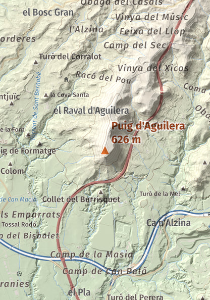 Mapa de relieve de Puig d'Aguilera, 626 m, Anoia, lámina 100 Cims de Trobart. Detalle de la zona central. 21 × 30 cm.