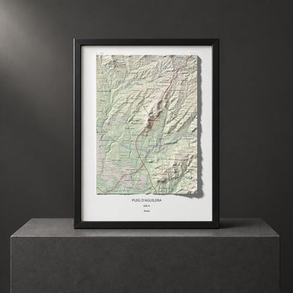 Mapa de relieve de Puig d'Aguilera, 626 m, Anoia, lámina 100 Cims de Trobart. Presentación enmarcada. 30 × 40 cm.