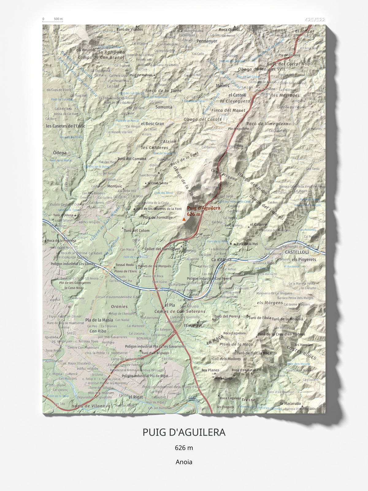 Mapa de relieve de Puig d'Aguilera, 626 m, Anoia, lámina 100 Cims de Trobart 30 × 40 cm.