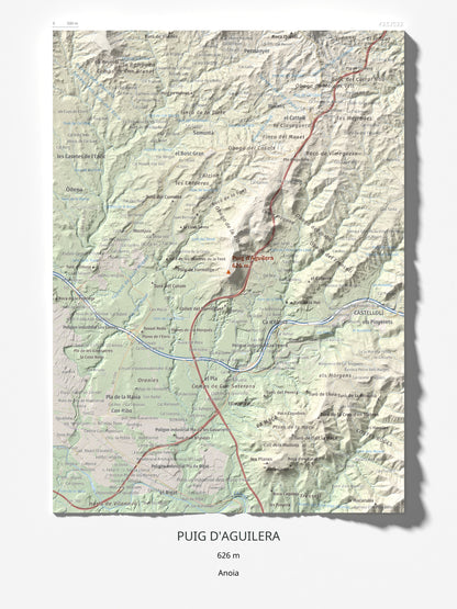 Mapa de relieve de Puig d'Aguilera, 626 m, Anoia, lámina 100 Cims de Trobart 30 × 40 cm.