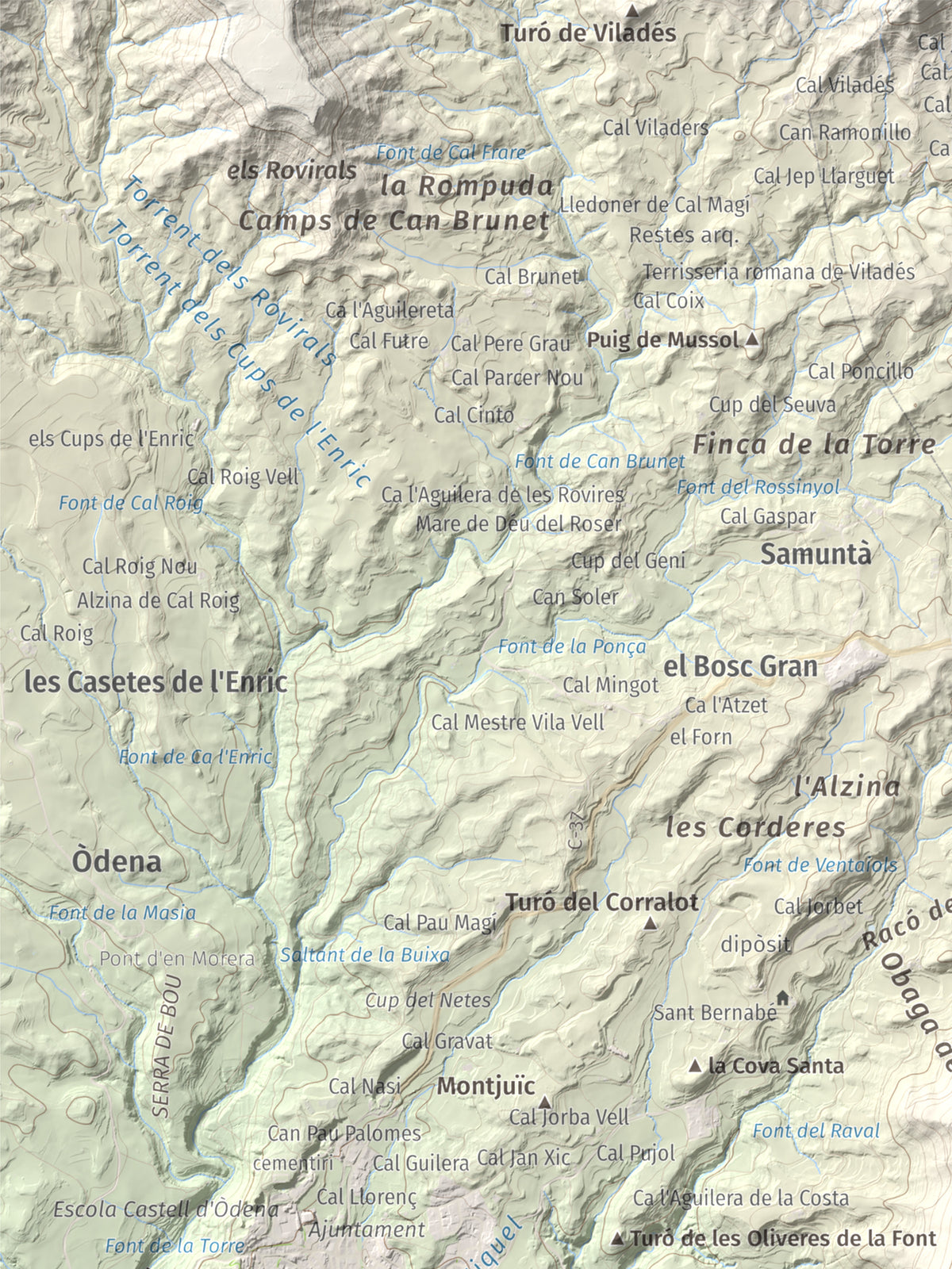 Mapa de relieve de Puig d'Aguilera, 626 m, Anoia, lámina 100 Cims de Trobart. Detalle de la zona superior izquierda. 30 × 40 cm.