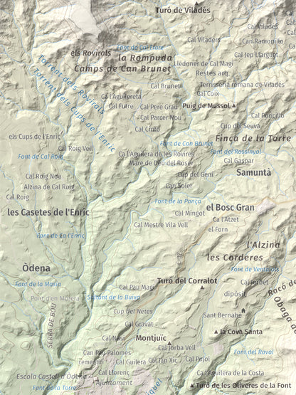 Mapa de relieve de Puig d'Aguilera, 626 m, Anoia, lámina 100 Cims de Trobart. Detalle de la zona superior izquierda. 30 × 40 cm.