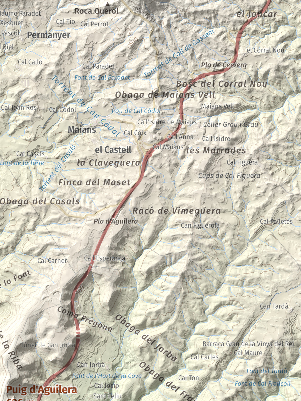 Mapa de relieve de Puig d'Aguilera, 626 m, Anoia, lámina 100 Cims de Trobart. Detalle de la zona superior derecha. 30 × 40 cm.