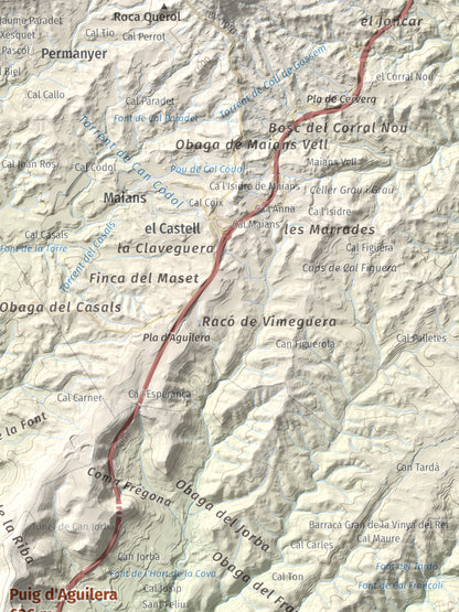 Mapa de relieve de Puig d'Aguilera, 626 m, Anoia, lámina 100 Cims de Trobart. Detalle de la zona superior derecha. 30 × 40 cm.