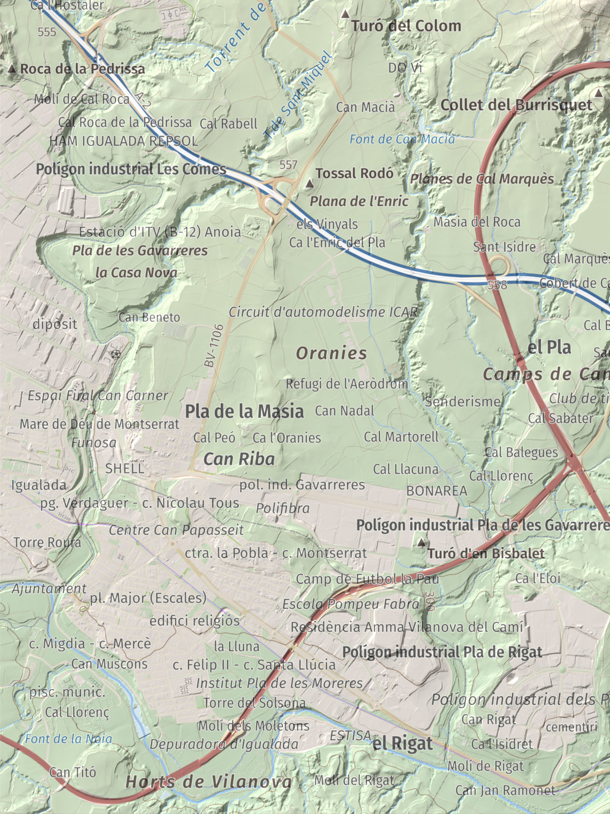 Mapa de relieve de Puig d'Aguilera, 626 m, Anoia, lámina 100 Cims de Trobart. Detalle de la zona inferior izquierda. 30 × 40 cm.