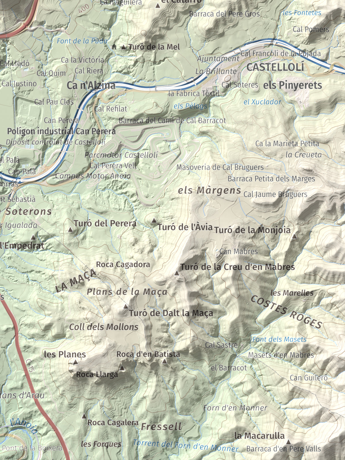Mapa de relieve de Puig d'Aguilera, 626 m, Anoia, lámina 100 Cims de Trobart. Detalle de la zona inferior derecha. 30 × 40 cm.
