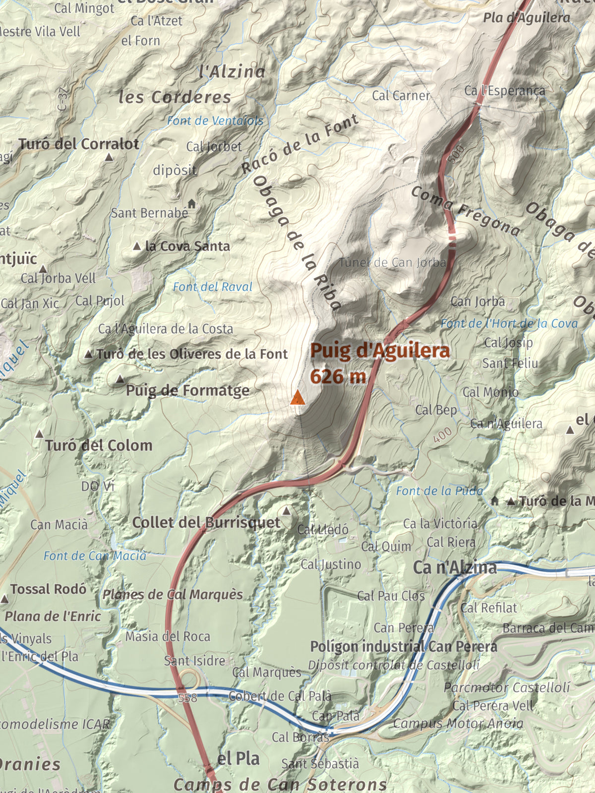 Mapa de relieve de Puig d'Aguilera, 626 m, Anoia, lámina 100 Cims de Trobart. Detalle de la zona central. 30 × 40 cm.