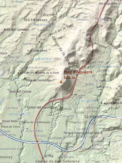 Mapa de relieve de Puig d'Aguilera, 626 m, Anoia, lámina 100 Cims de Trobart. Detalle de la zona central. 30 × 40 cm.