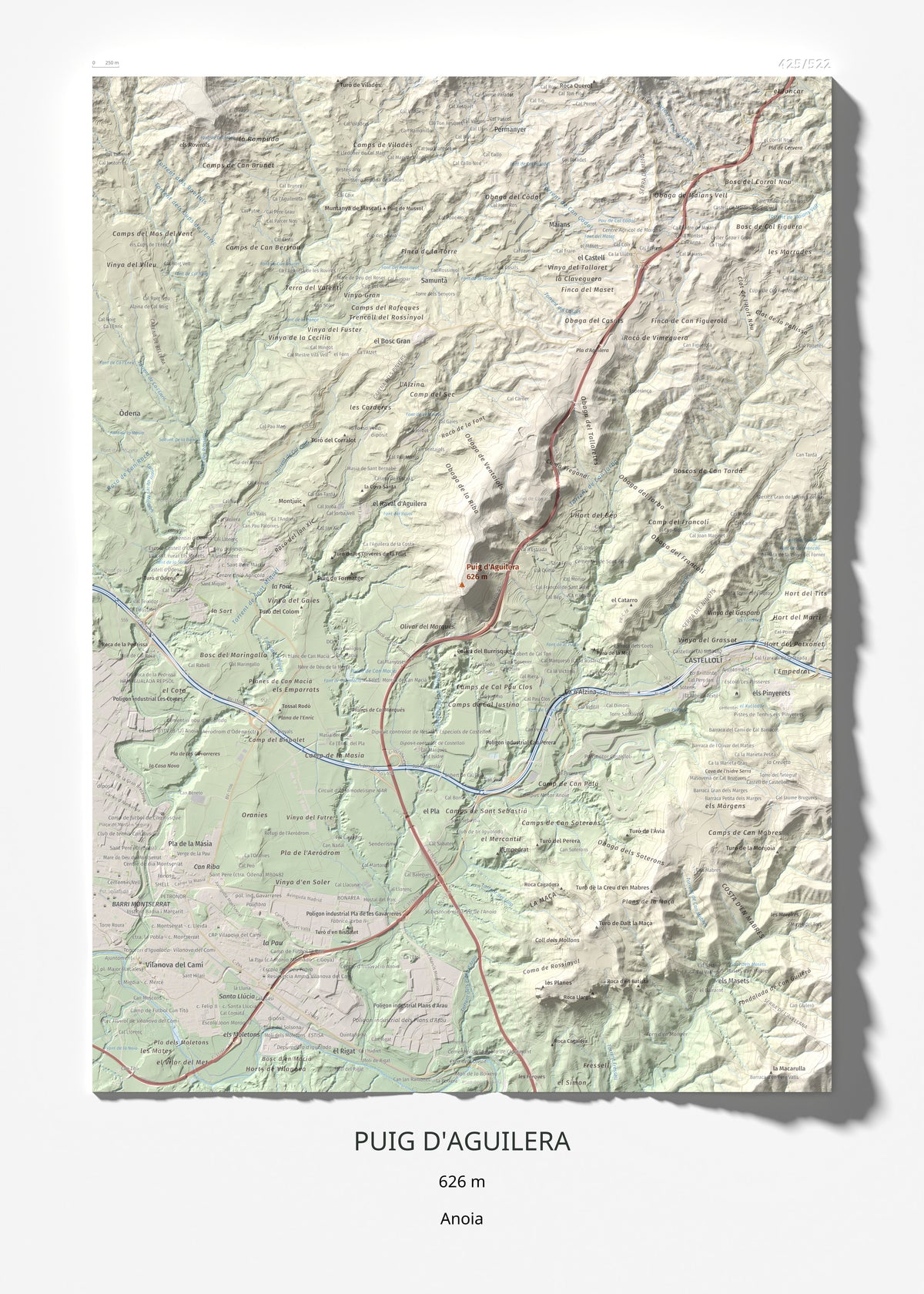 Mapa de relieve de Puig d'Aguilera, 626 m, Anoia, lámina 100 Cims de Trobart 50 × 70 cm.