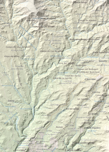 Mapa de relieve de Puig d'Aguilera, 626 m, Anoia, lámina 100 Cims de Trobart. Detalle de la zona superior izquierda. 50 × 70 cm.