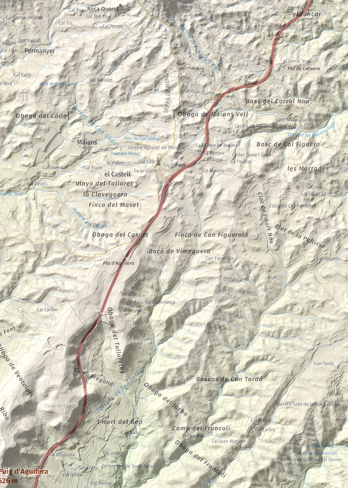 Mapa de relieve de Puig d'Aguilera, 626 m, Anoia, lámina 100 Cims de Trobart. Detalle de la zona superior derecha. 50 × 70 cm.