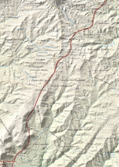 Mapa de relieve de Puig d'Aguilera, 626 m, Anoia, lámina 100 Cims de Trobart. Detalle de la zona superior derecha. 50 × 70 cm.