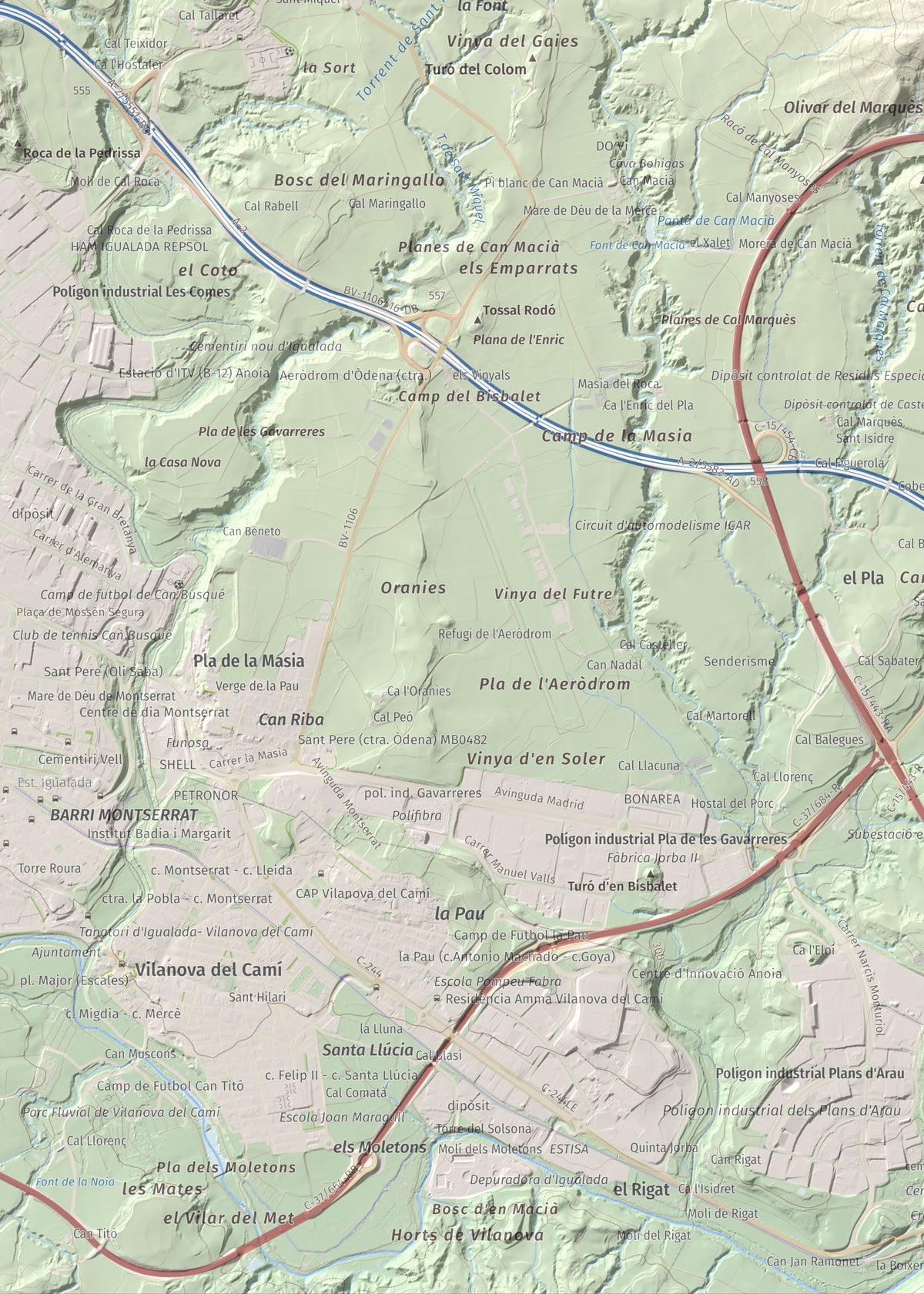 Mapa de relieve de Puig d'Aguilera, 626 m, Anoia, lámina 100 Cims de Trobart. Detalle de la zona inferior izquierda. 50 × 70 cm.