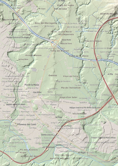 Mapa de relieve de Puig d'Aguilera, 626 m, Anoia, lámina 100 Cims de Trobart. Detalle de la zona inferior izquierda. 50 × 70 cm.