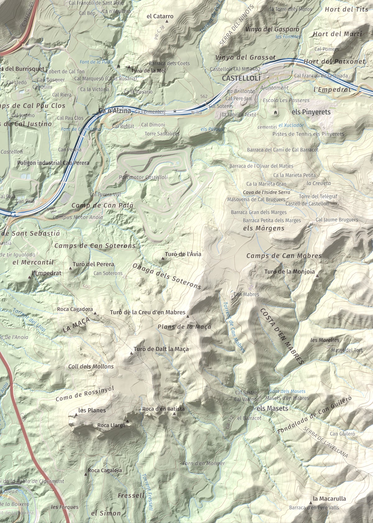 Mapa de relieve de Puig d'Aguilera, 626 m, Anoia, lámina 100 Cims de Trobart. Detalle de la zona inferior derecha. 50 × 70 cm.