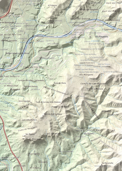 Mapa de relieve de Puig d'Aguilera, 626 m, Anoia, lámina 100 Cims de Trobart. Detalle de la zona inferior derecha. 50 × 70 cm.