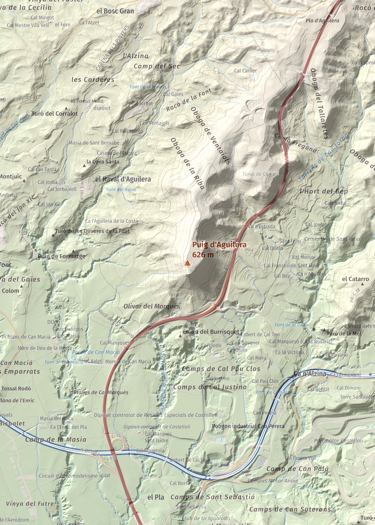 Mapa de relieve de Puig d'Aguilera, 626 m, Anoia, lámina 100 Cims de Trobart. Detalle de la zona central. 50 × 70 cm.