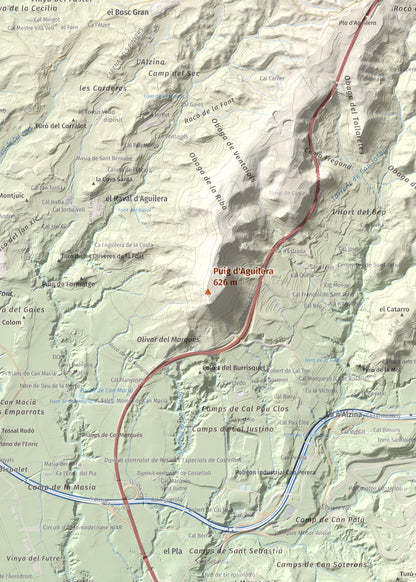 Mapa de relieve de Puig d'Aguilera, 626 m, Anoia, lámina 100 Cims de Trobart. Detalle de la zona central. 50 × 70 cm.