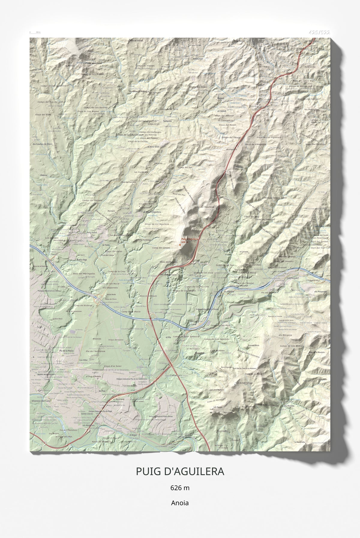 Mapa de relieve de Puig d'Aguilera, 626 m, Anoia, lámina 100 Cims de Trobart 61 × 91 cm.