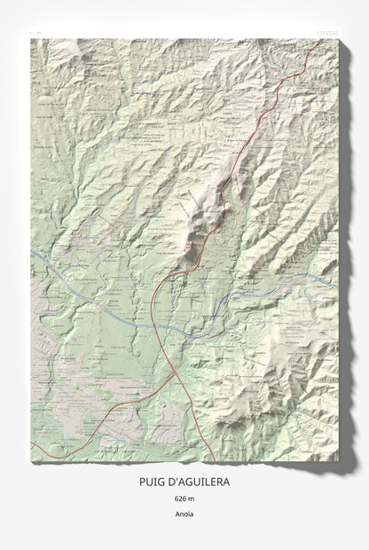 Mapa de relieve de Puig d'Aguilera, 626 m, Anoia, lámina 100 Cims de Trobart 61 × 91 cm.