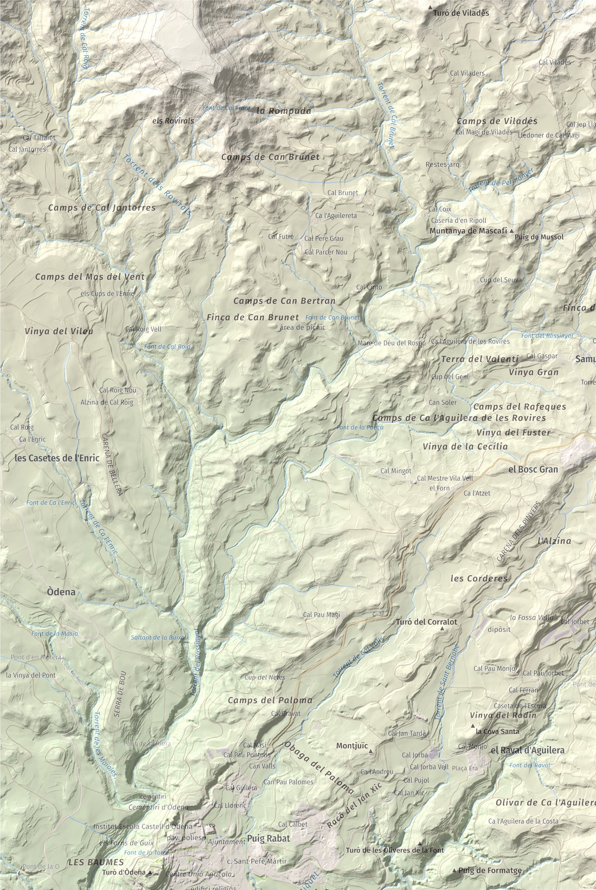 Mapa de relieve de Puig d'Aguilera, 626 m, Anoia, lámina 100 Cims de Trobart. Detalle de la zona superior izquierda. 61 × 91 cm.